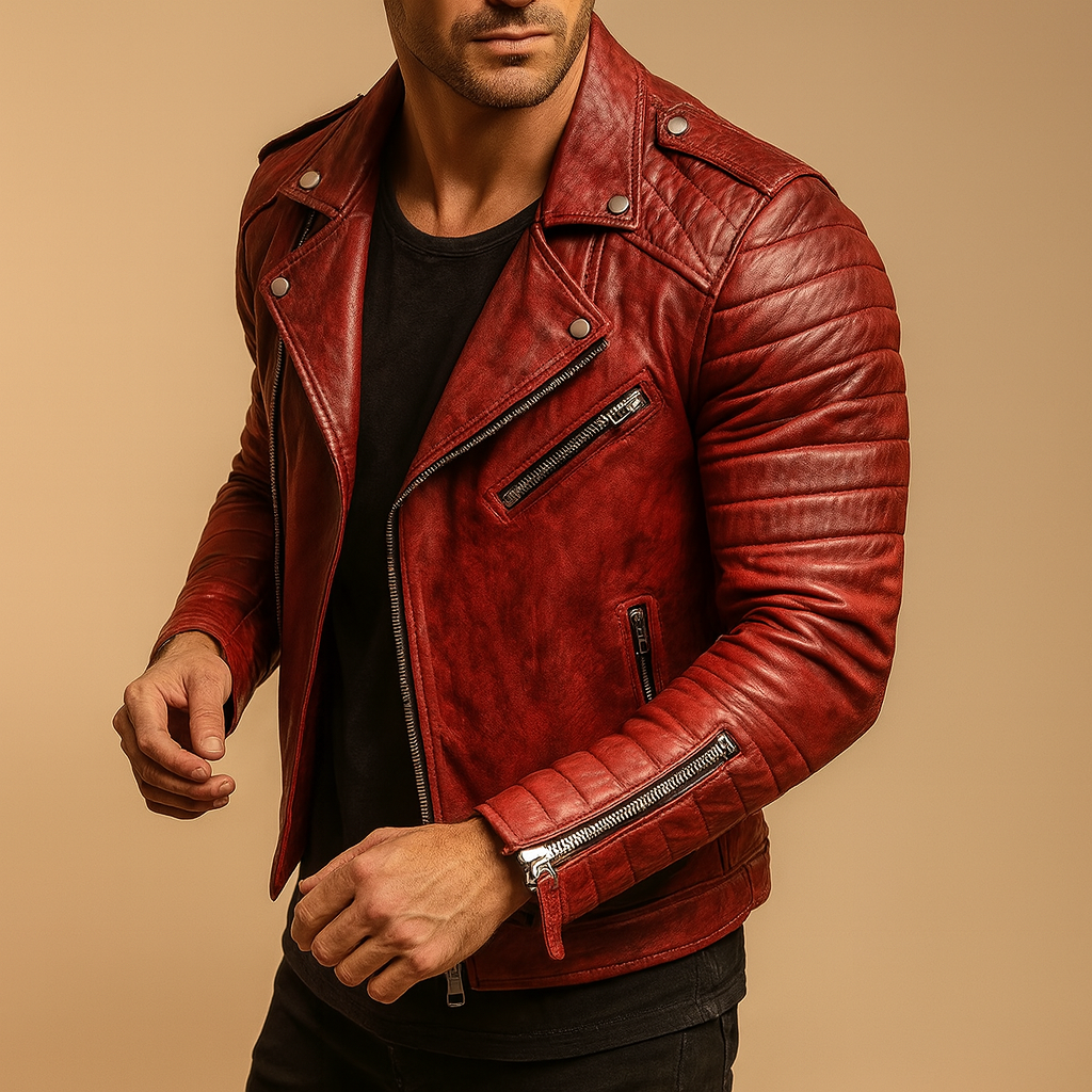 Men’s waterproof biker jacket with a modern design, wind resistant protection, and soft inner lining, suitable for cold and rainy days.