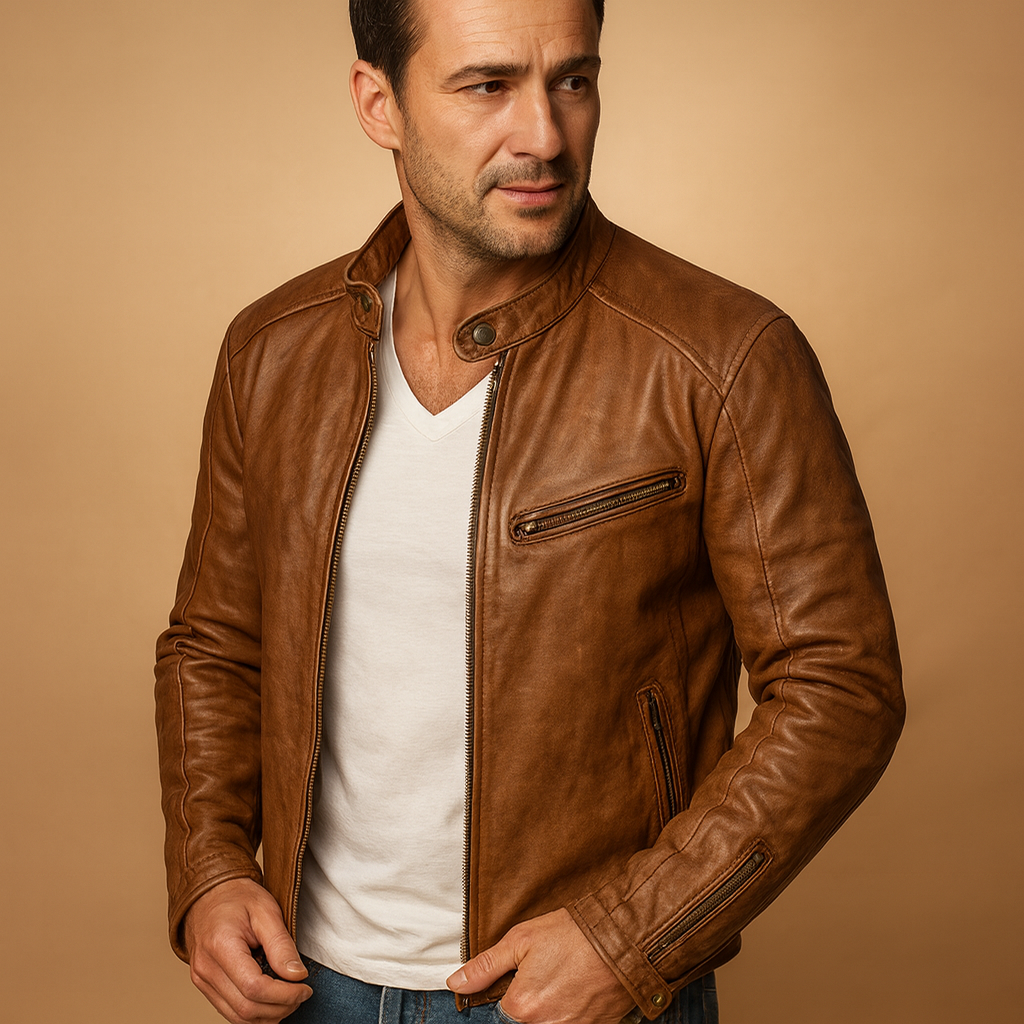 Men’s waterproof biker jacket with a slim fit and zip closure, designed for daily wear and protection during rainy and cold weather.