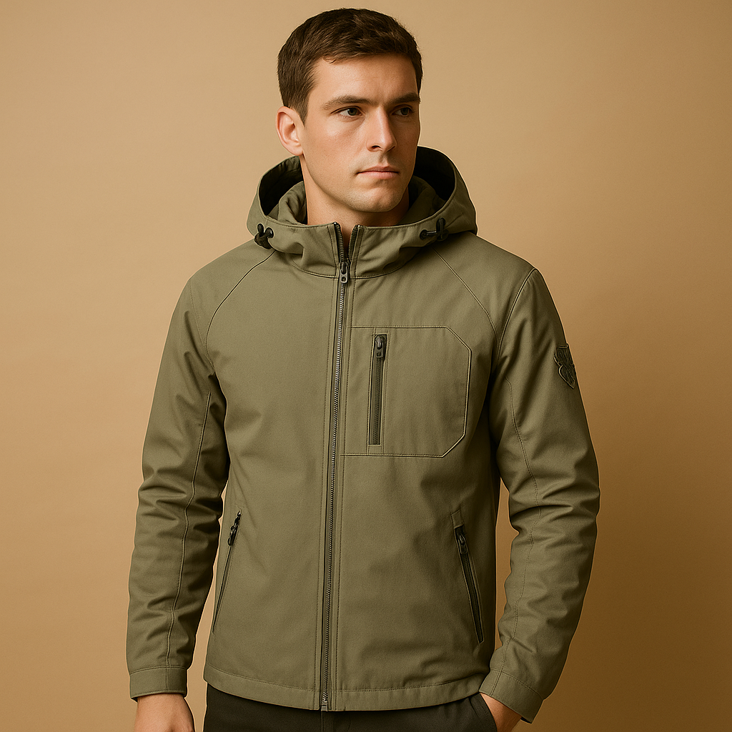 Men’s waterproof windbreaker with breathable fabric and zip pockets, designed for lightweight comfort during outdoor activities and everyday wear.