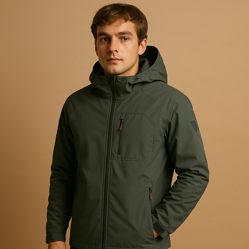 Men’s waterproof windbreaker with breathable fabric and zip pockets, designed for lightweight comfort during outdoor activities and everyday wear.