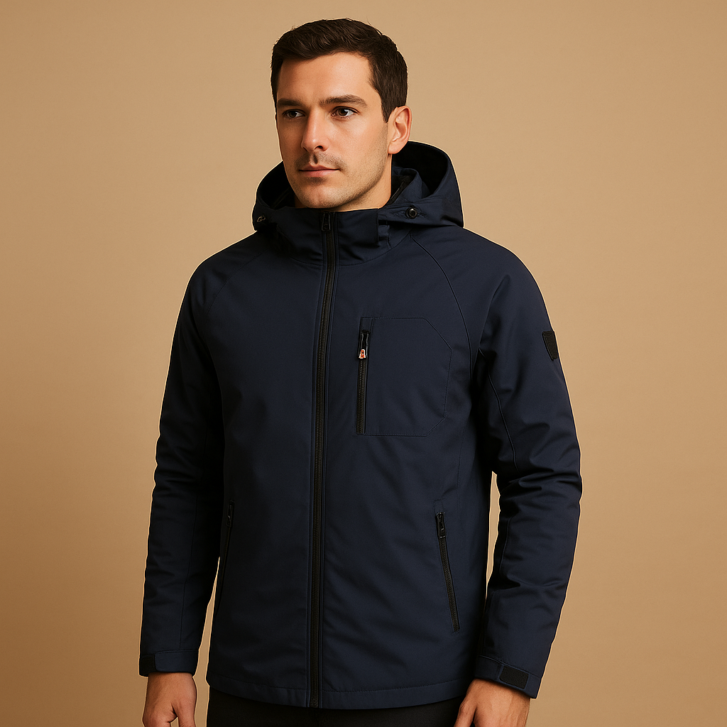 Men’s waterproof windbreaker with breathable fabric and zip pockets, designed for lightweight comfort during outdoor activities and everyday wear.