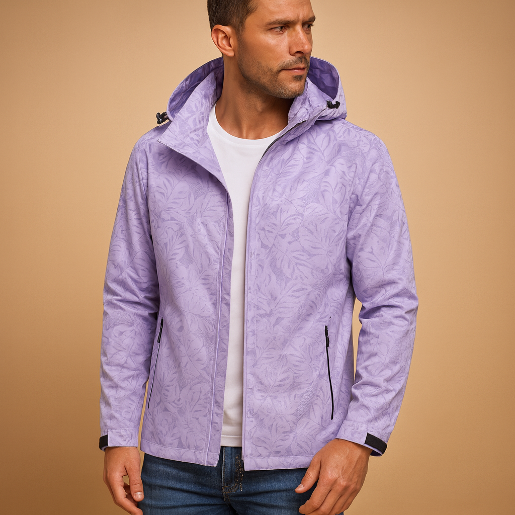 Men’s waterproof outdoor jacket with adjustable hood, zippered pockets, and leaf pattern design, perfect for hiking and daily wear.