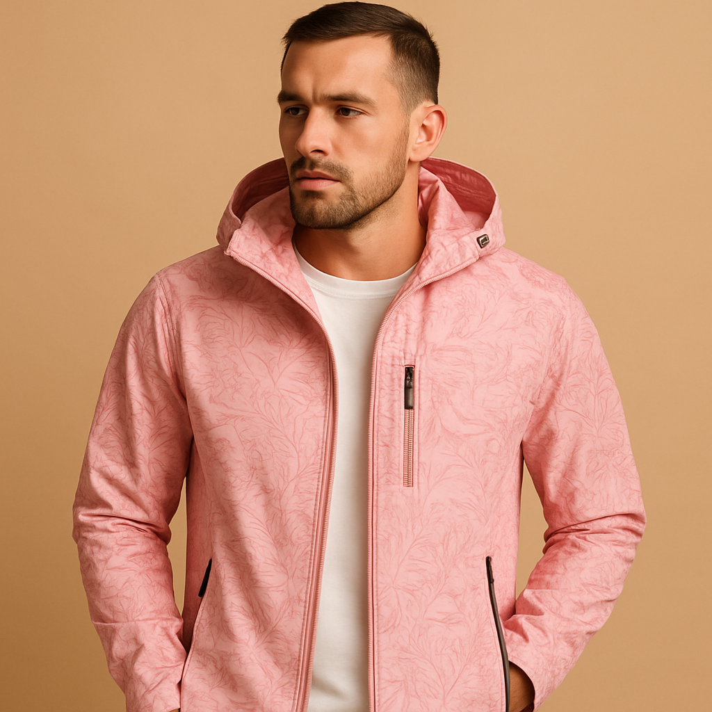 Men’s waterproof outdoor jacket with adjustable hood, zippered pockets, and leaf pattern design, perfect for hiking and daily wear.