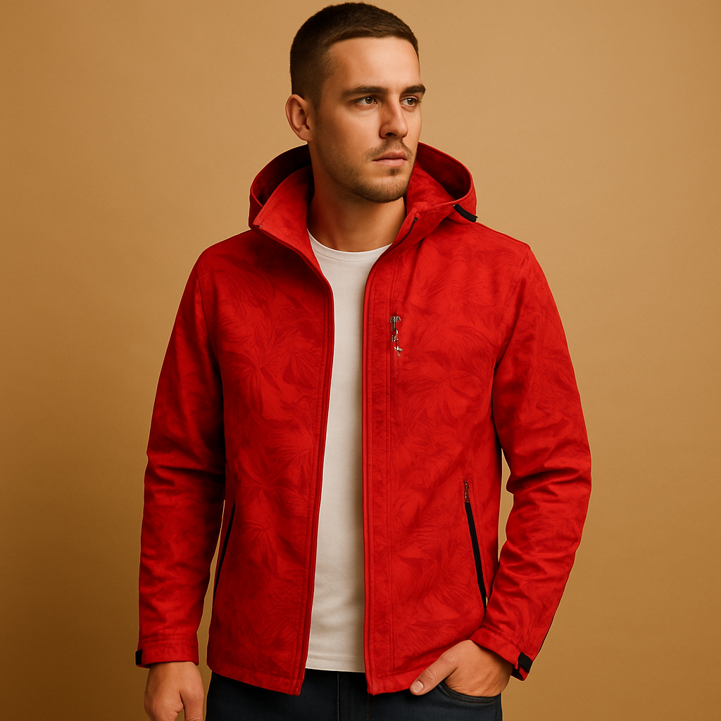 Men’s waterproof outdoor jacket with adjustable hood, zippered pockets, and leaf pattern design, perfect for hiking and daily wear.