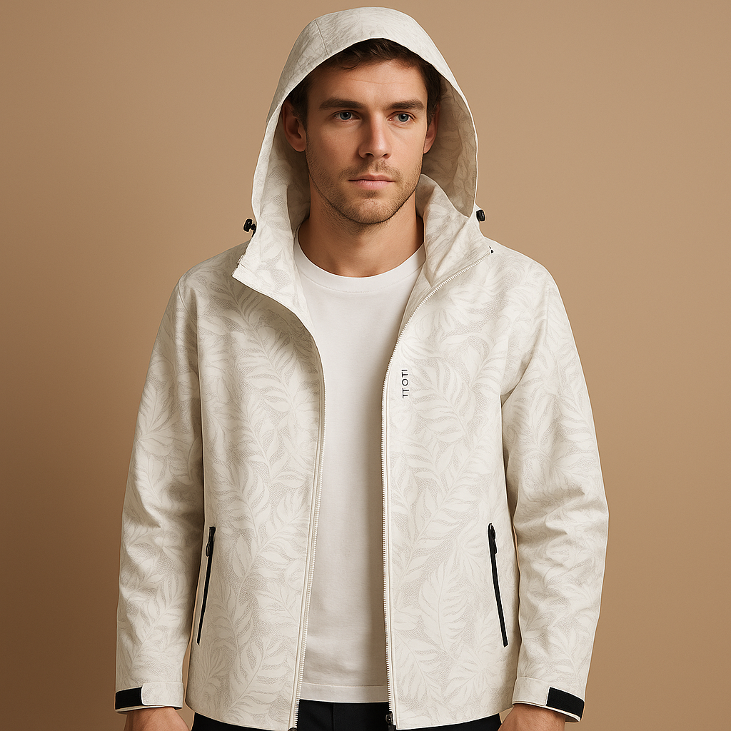 Men’s waterproof outdoor jacket with breathable fabric, adjustable hood, and modern leaf pattern for daily and outdoor activities.