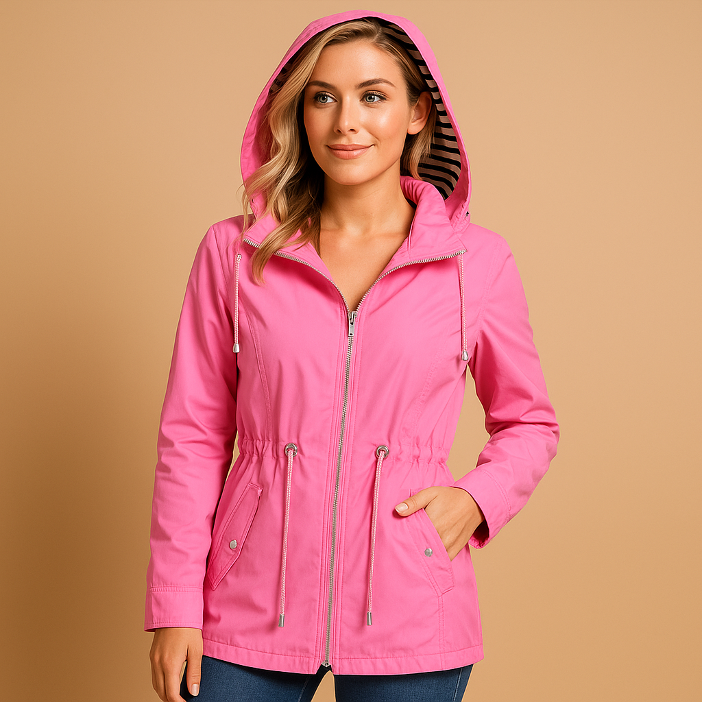 Women’s waterproof parka jacket with adjustable waist, windproof outer layer, and practical pockets, suitable for daily wear and rainy weather.