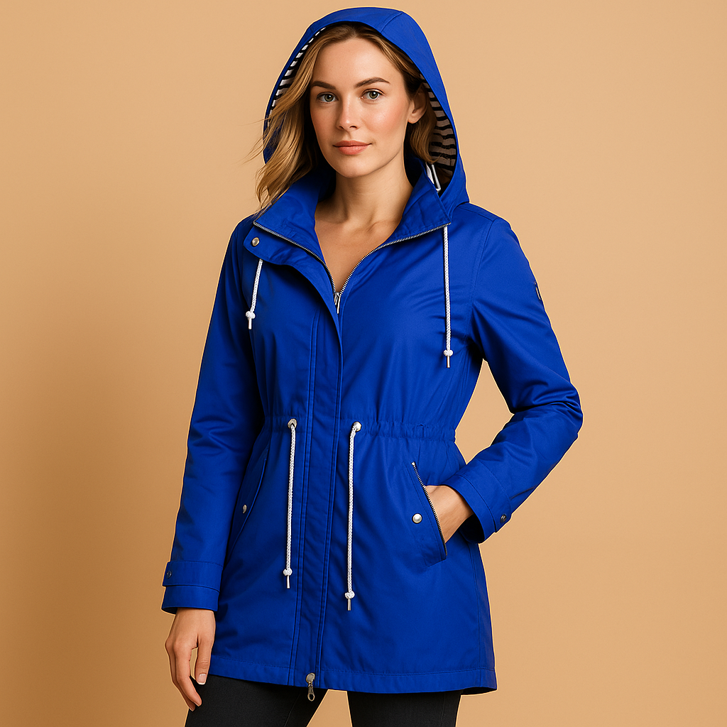 Women’s waterproof parka jacket with adjustable waist, windproof outer layer, and practical pockets, suitable for daily wear and rainy weather.