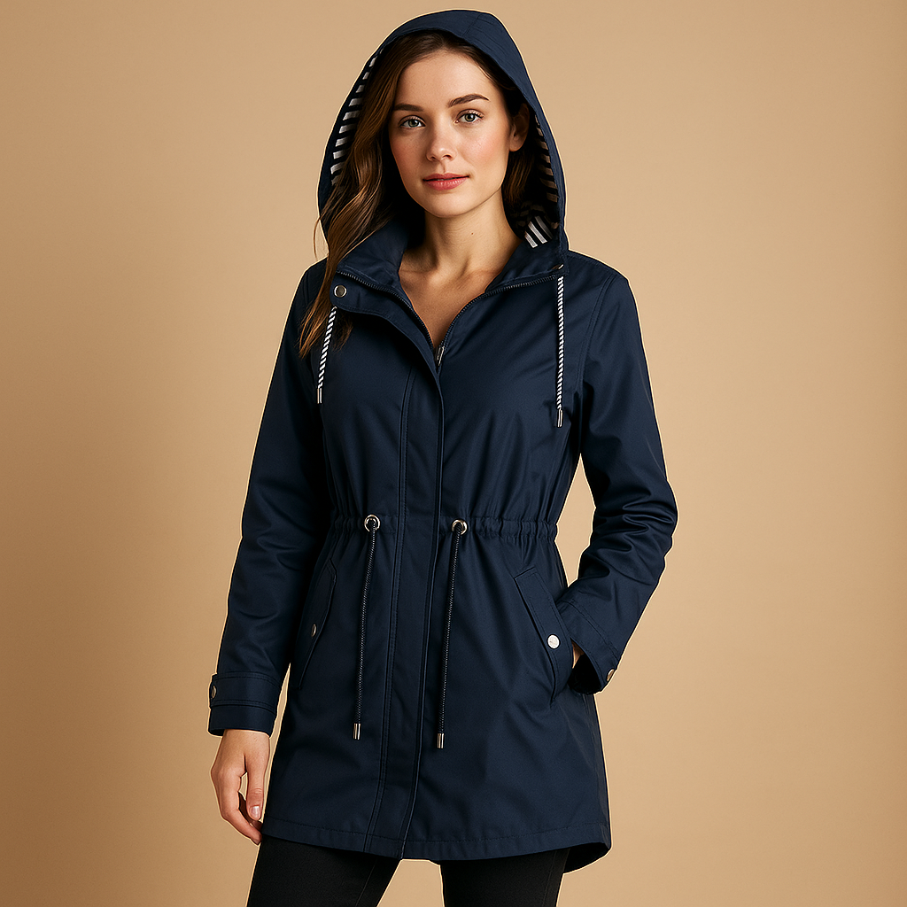 Women’s waterproof parka jacket with adjustable waist, windproof outer layer, and practical pockets, suitable for daily wear and rainy weather.