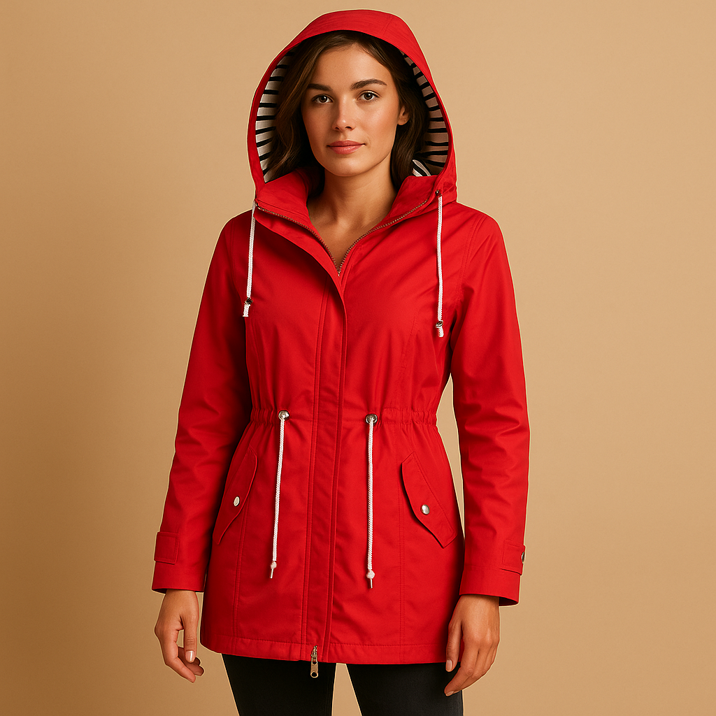 Women’s waterproof parka jacket with adjustable waist, windproof outer layer, and practical pockets, suitable for daily wear and rainy weather.