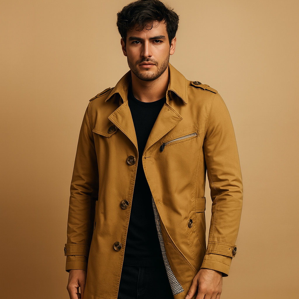 Waterproof trench coat for men with a classic double-breasted design, perfect for staying dry and stylish in all seasons.