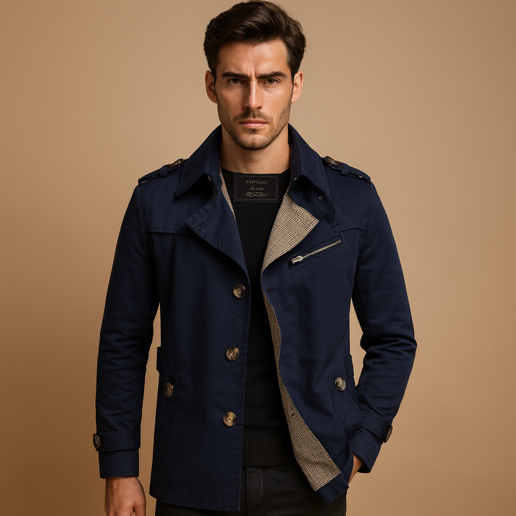 Waterproof trench coat for men with a classic double-breasted design, perfect for staying dry and stylish in all seasons.