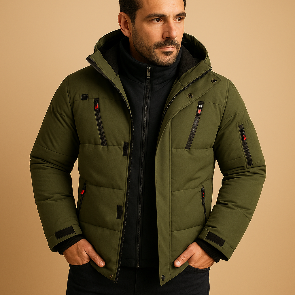 Men’s waterproof winter jacket with insulated lining and adjustable hood, ideal for cold, rainy weather and outdoor activities.