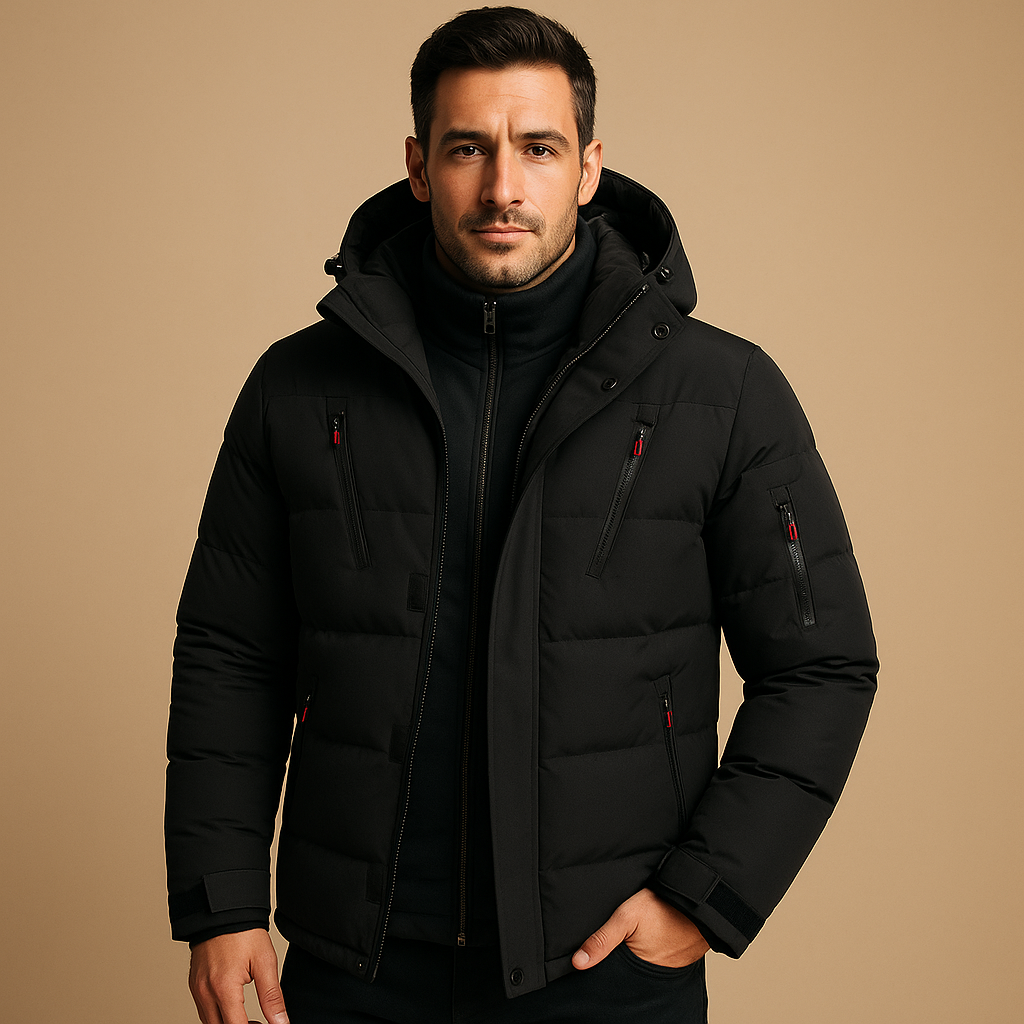 Men’s waterproof winter jacket with insulated lining and adjustable hood, ideal for cold, rainy weather and outdoor activities.