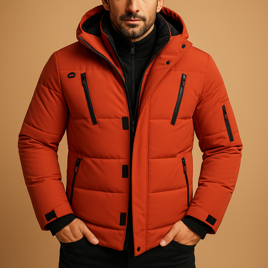 Men’s waterproof winter jacket with insulating lining, adjustable hood, and practical pockets for cold and rainy weather.