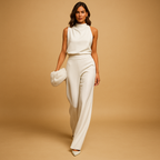Elegant women’s jumpsuit with halter neckline, wide legs, and bow detail – perfect for parties, dinners, and evenings out.