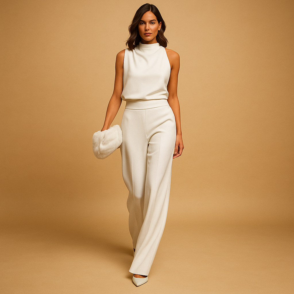 Elegant women’s jumpsuit with halter neckline, wide legs, and bow detail – perfect for parties, dinners, and evenings out.