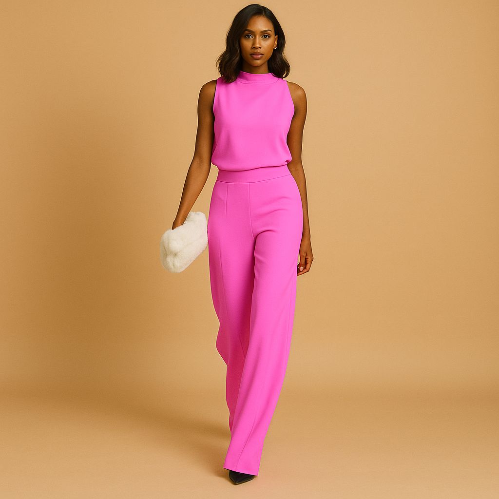 Elegant women’s jumpsuit with halter neckline, wide legs, and bow detail – perfect for parties, dinners, and evenings out.