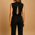 Elegant women’s jumpsuit with halter neckline, wide legs, and bow detail – perfect for parties, dinners, and evenings out.