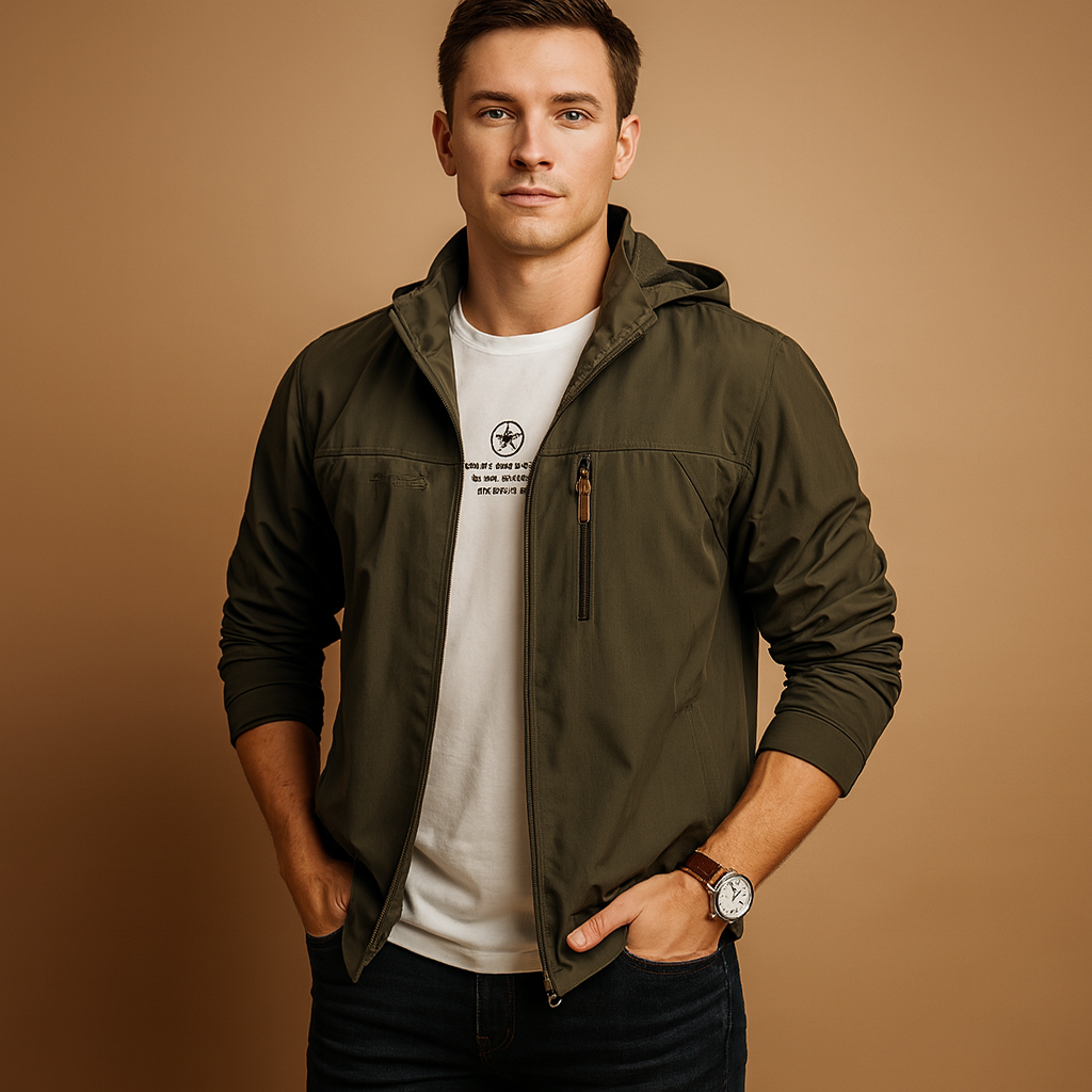 Wind and waterproof jacket for men with military-inspired design and adjustable fit, ideal for outdoor activities and daily wear.