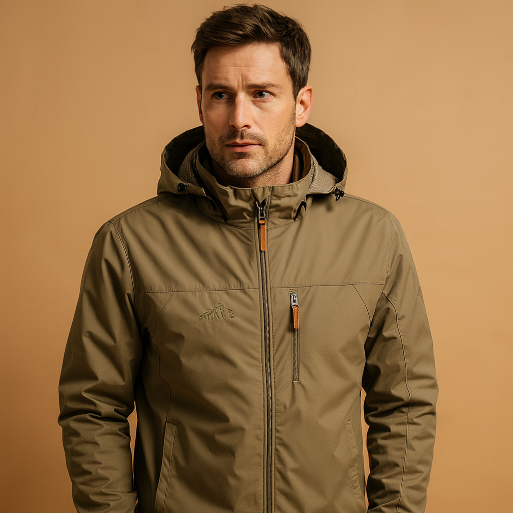 Wind and waterproof jacket for men with military-inspired design and adjustable fit, ideal for outdoor activities and daily wear.