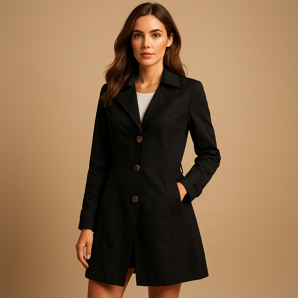 Women’s windproof raincoat with an adjustable waist and hood, suitable for everyday wear, work, and protection from rain and wind.