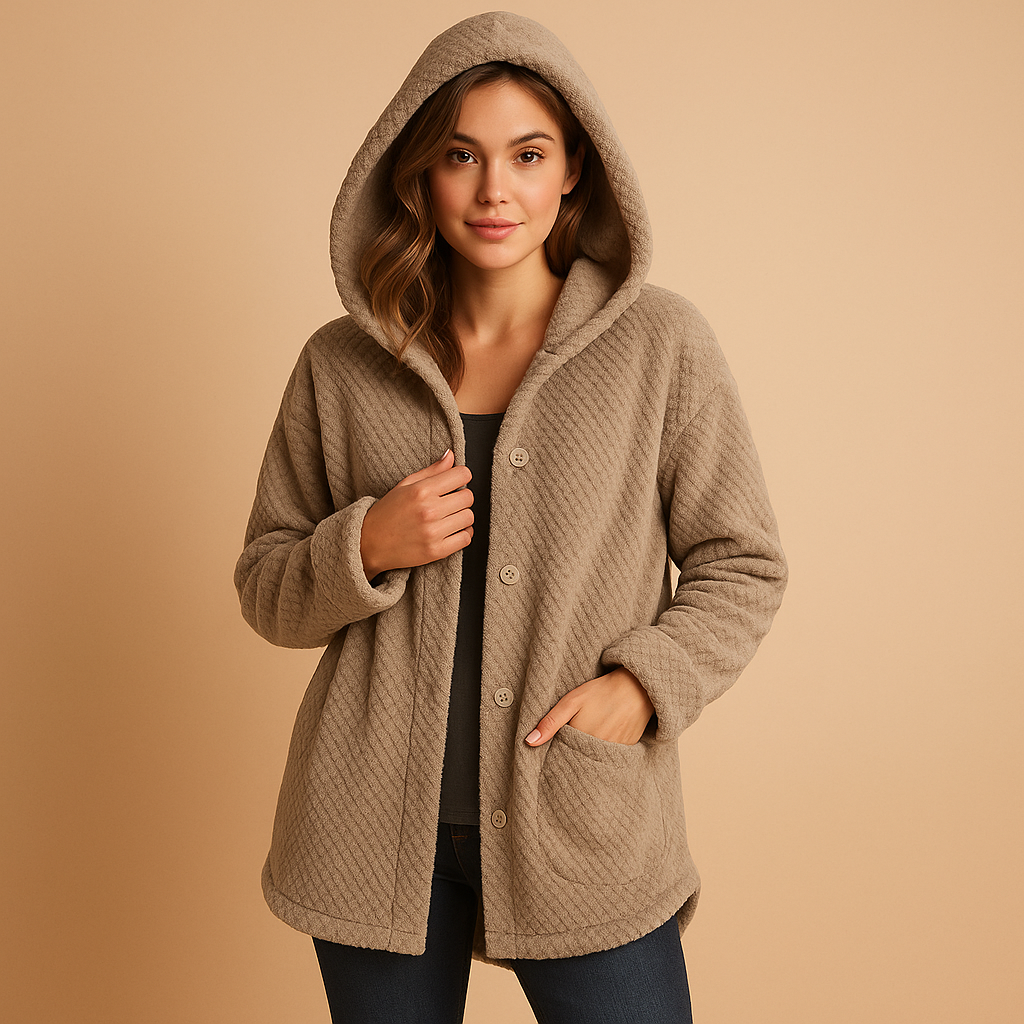 Women’s winter hooded coat with insulated lining and zip closure, suitable for cold weather, winter walks, and city trips.