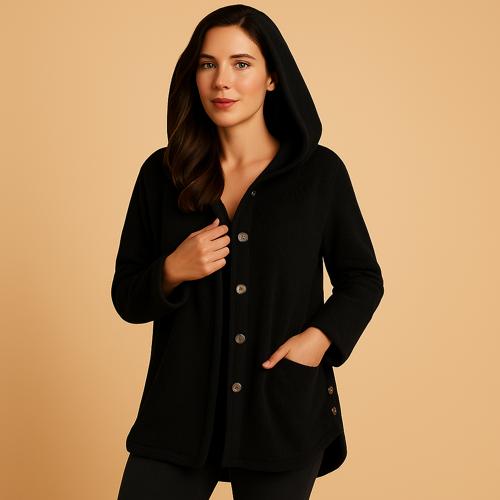 Women’s winter hooded coat with insulated lining and zip closure, suitable for cold weather, winter walks, and city trips.