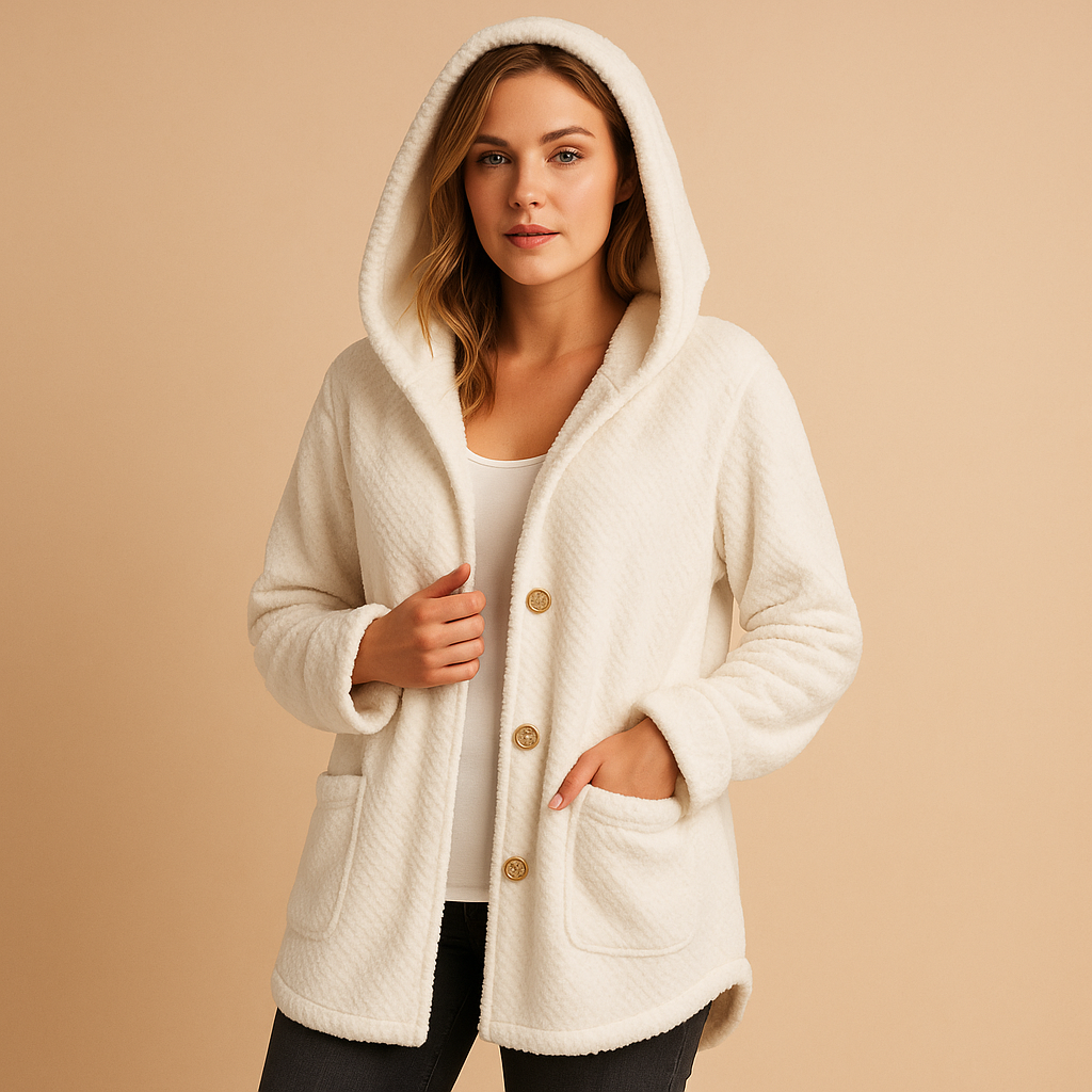 Women’s winter hooded coat with insulated lining and zip closure, suitable for cold weather, winter walks, and city trips.