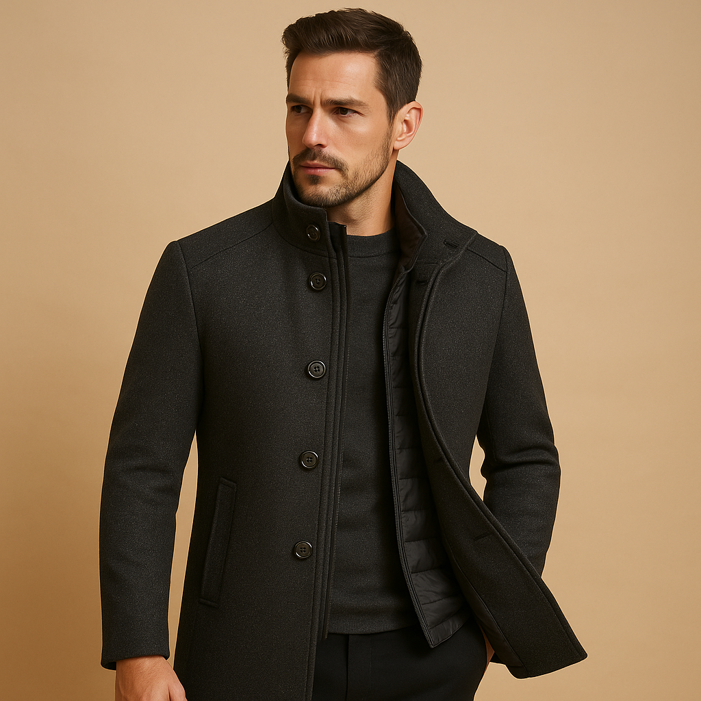 Elegant wool coat for men with slim single-breasted fit and mandarin collar, perfect for formal occasions and everyday winter wear.