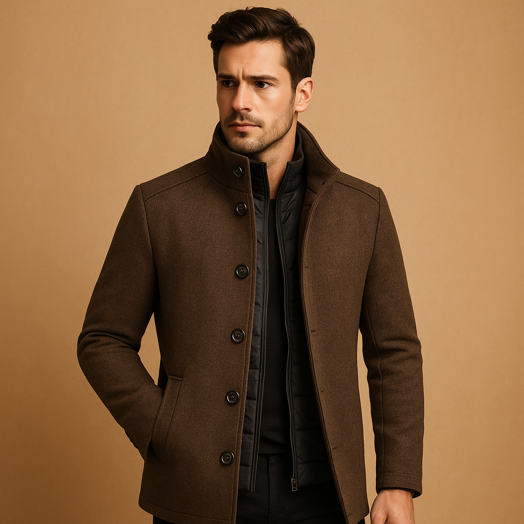 Men’s wool coat with mandarin collar and tailored fit, designed for warmth, durability, and elegant winter wear.