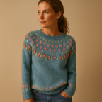 Women’s wool sweater with unique print, classic neckline, and cozy fit. Perfect for casual days or elegant outfits in cooler seasons.