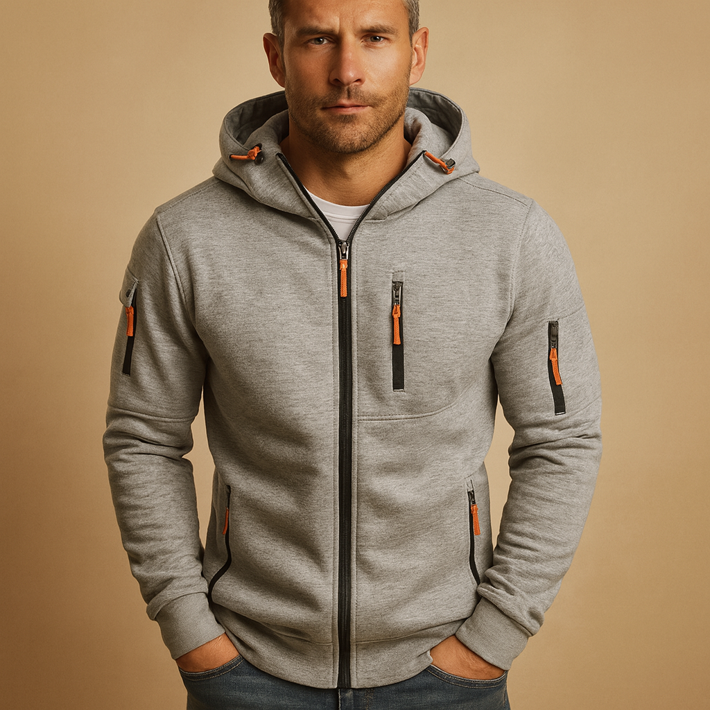 Men’s zip hoodie with adjustable hood in soft, breathable fabric, available in multiple colors for casual and sporty wear.