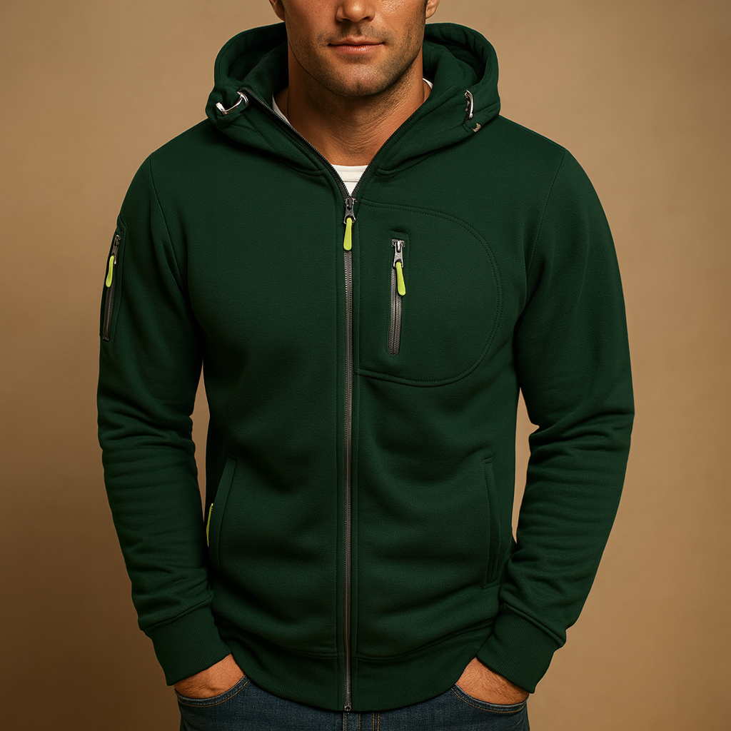Men’s zip hoodie with adjustable hood in soft, breathable fabric, available in multiple colors for casual and sporty wear.