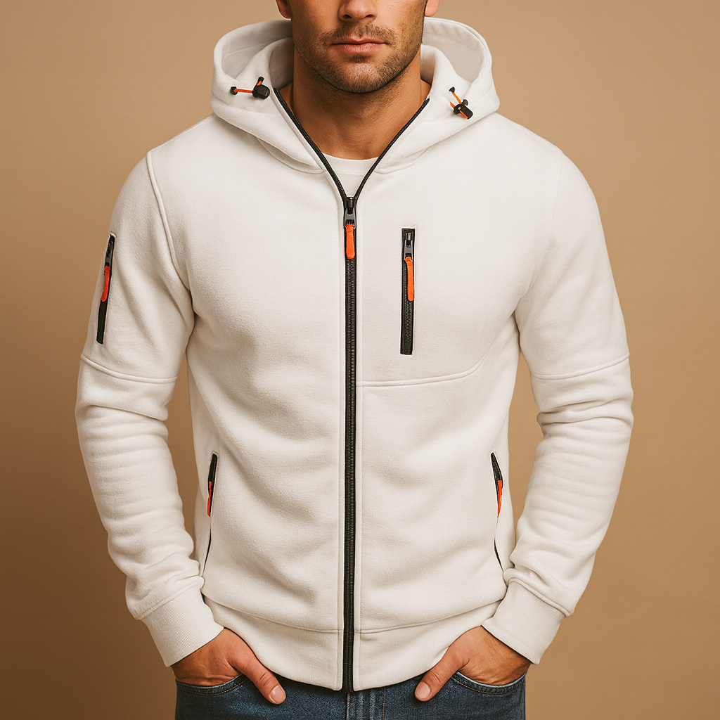 Men’s zip hoodie with adjustable hood in soft, breathable fabric, available in multiple colors for casual and sporty wear.