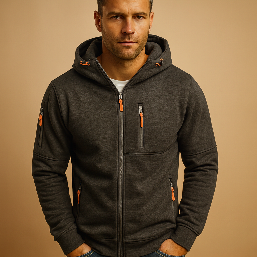 Men’s zip hoodie with adjustable hood in soft, breathable fabric, available in multiple colors for casual and sporty wear.