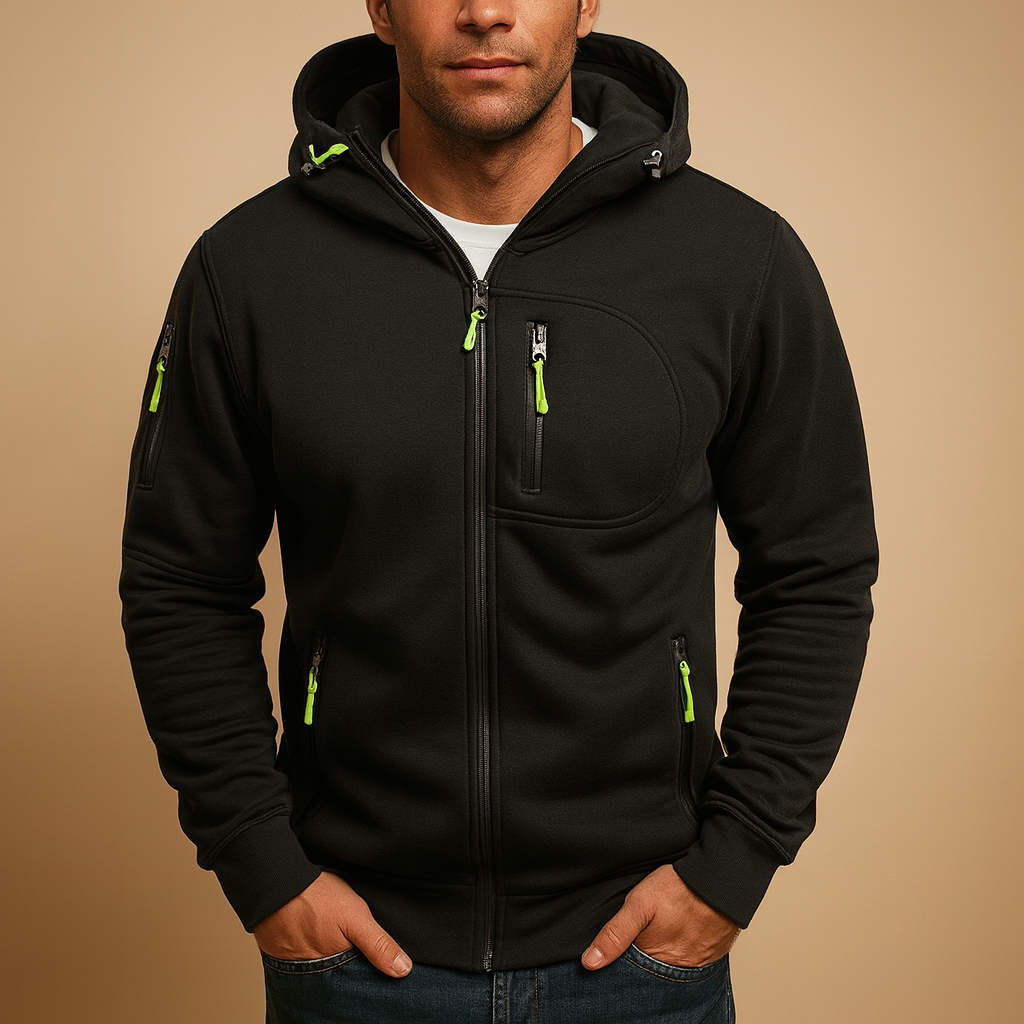 Men’s zip hoodie with adjustable hood in soft, breathable fabric, available in multiple colors for casual and sporty wear.