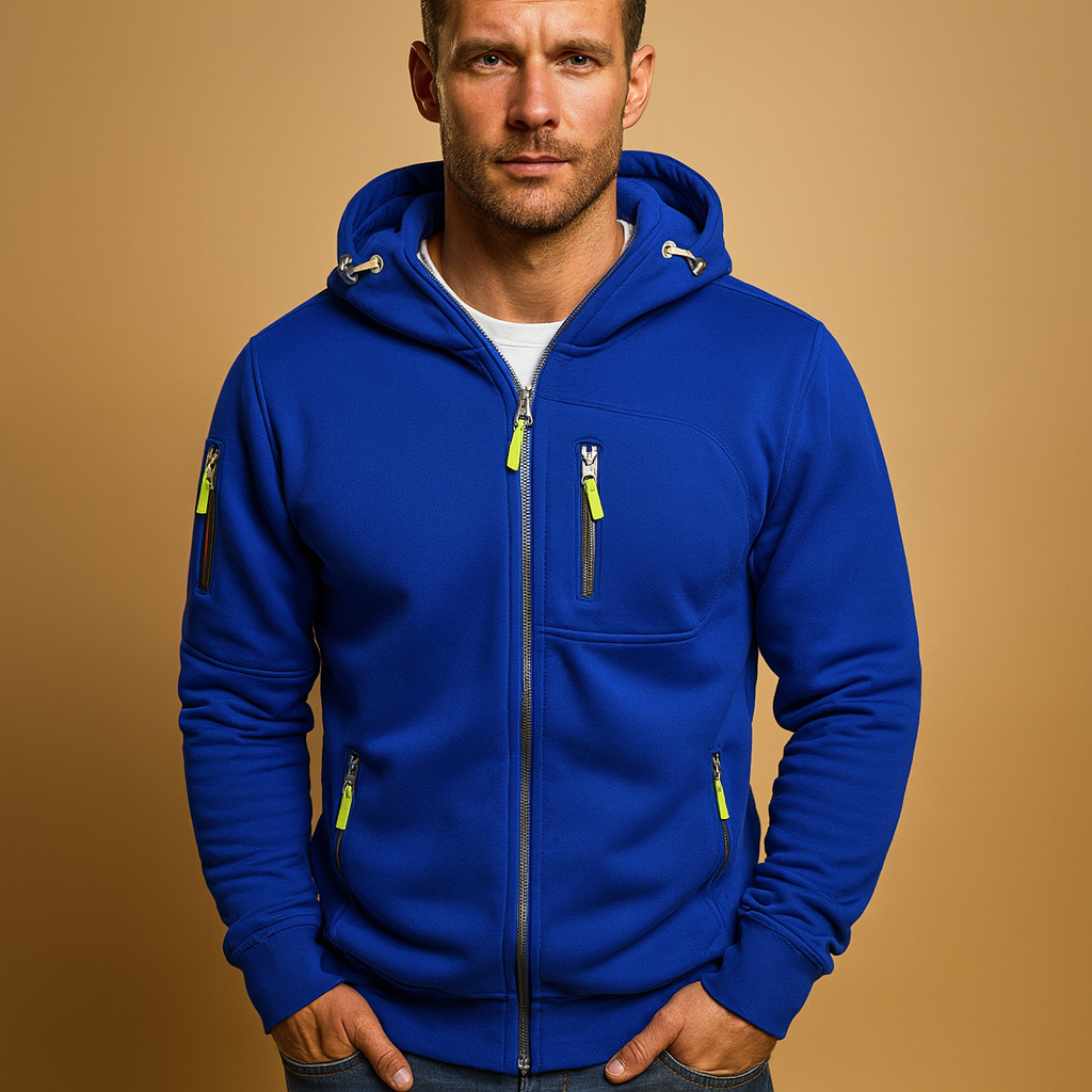 Men’s zip hoodie with adjustable hood in soft, breathable fabric, available in multiple colors for casual and sporty wear.