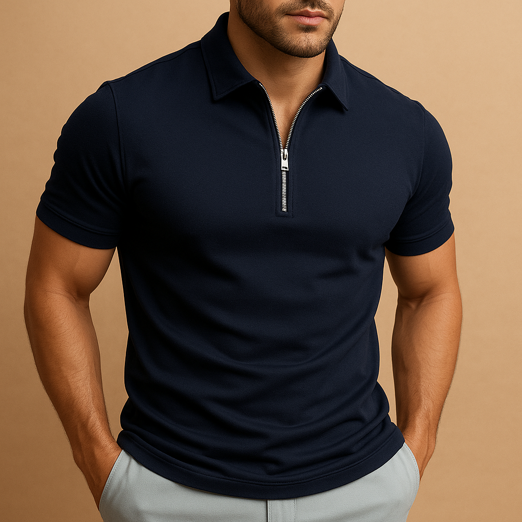 Men’s zipped polo shirt with modern cut and breathable, odor-resistant fabric, perfect for work or casual occasions.