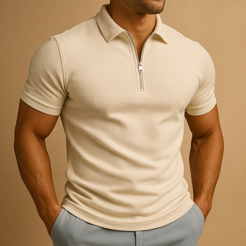 Men’s zipped polo shirt with modern cut and breathable, odor-resistant fabric, perfect for work or casual occasions.