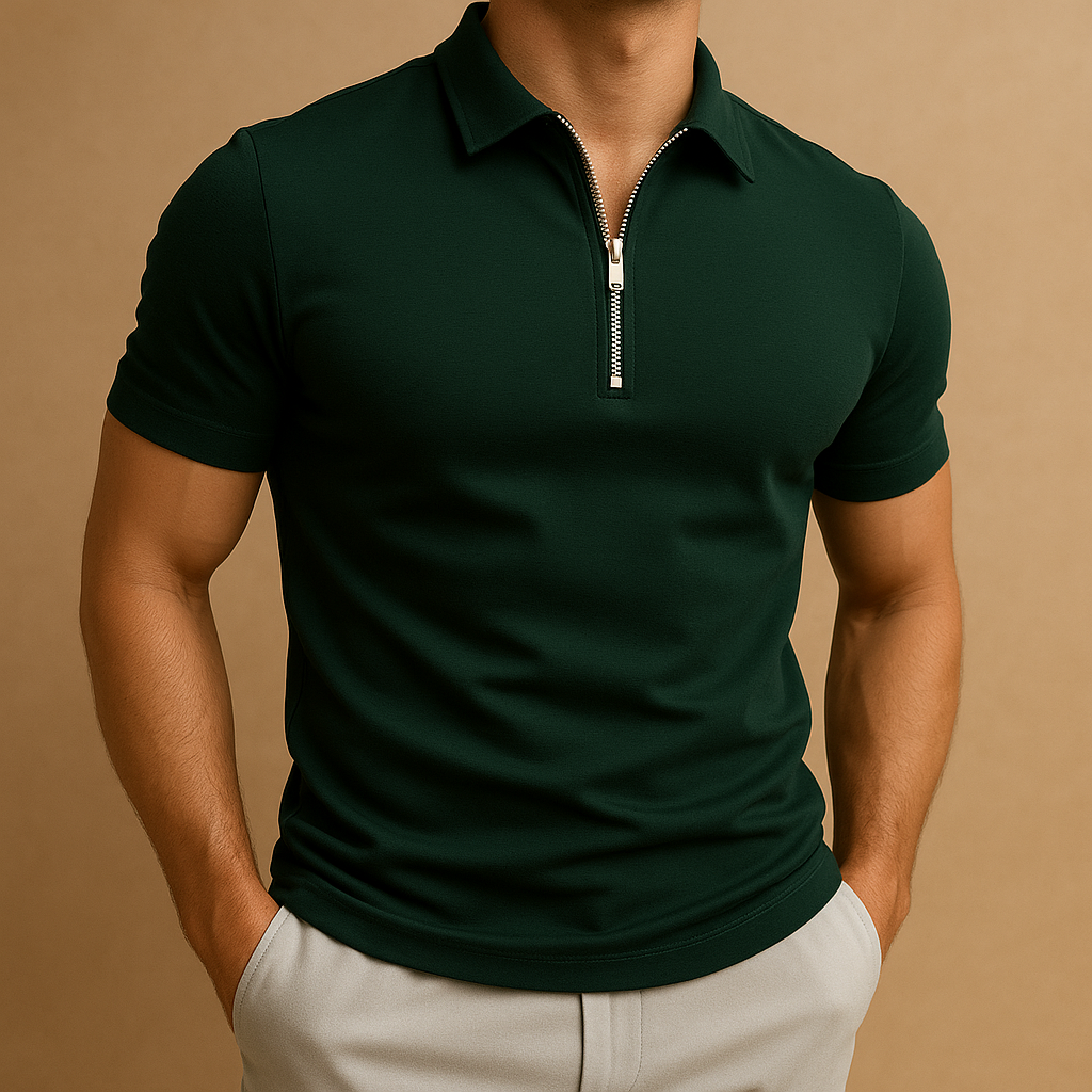 Men’s zipped polo shirt with modern cut and breathable, odor-resistant fabric, perfect for work or casual occasions.
